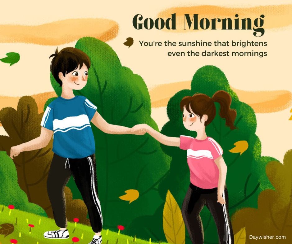Two animated characters, a boy and a girl, holding hands in a lush green park with trees and flowers. The text reads "Good Morning Love - you're the sunshine that brightens even the darkest