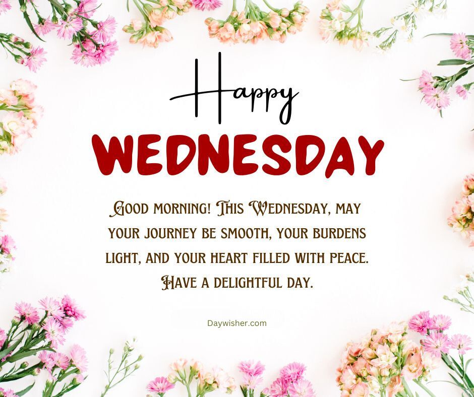 An image with a "Happy Wednesday" greeting in decorative text, surrounded by a border of pink flowers. The message wishes a smooth journey, peace, and a delightful day. Enjoy these Wednesday Blessings