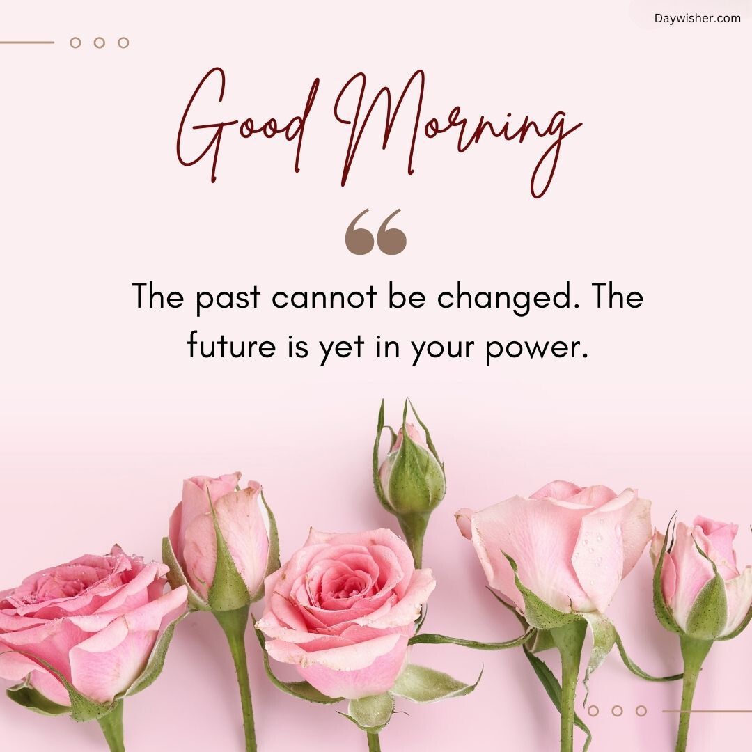 A motivational "good morning" message with a quote about the future being in your power, displayed over a background of delicate pink roses on a soft pink surface.