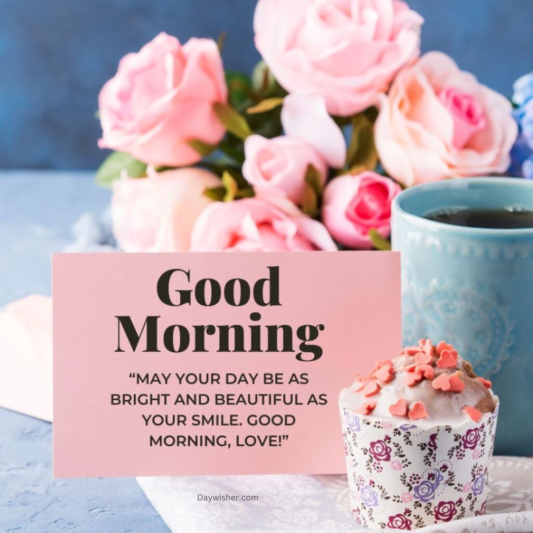 A cheerful breakfast scene with a bouquet of pink roses, a pink card reading "Good Morning Love," a cup of tea, and a cupcake topped with heart-shaped sprinkles.