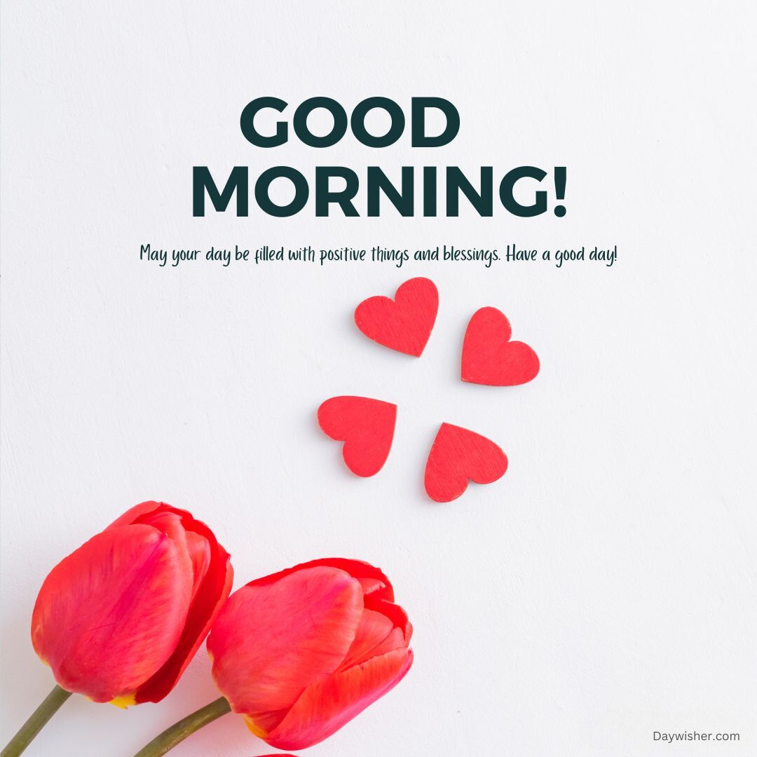 The image displays a greeting text "special good morning!" in green letters, with a wish message underneath. Three red paper hearts and two red tulips are against a white background.