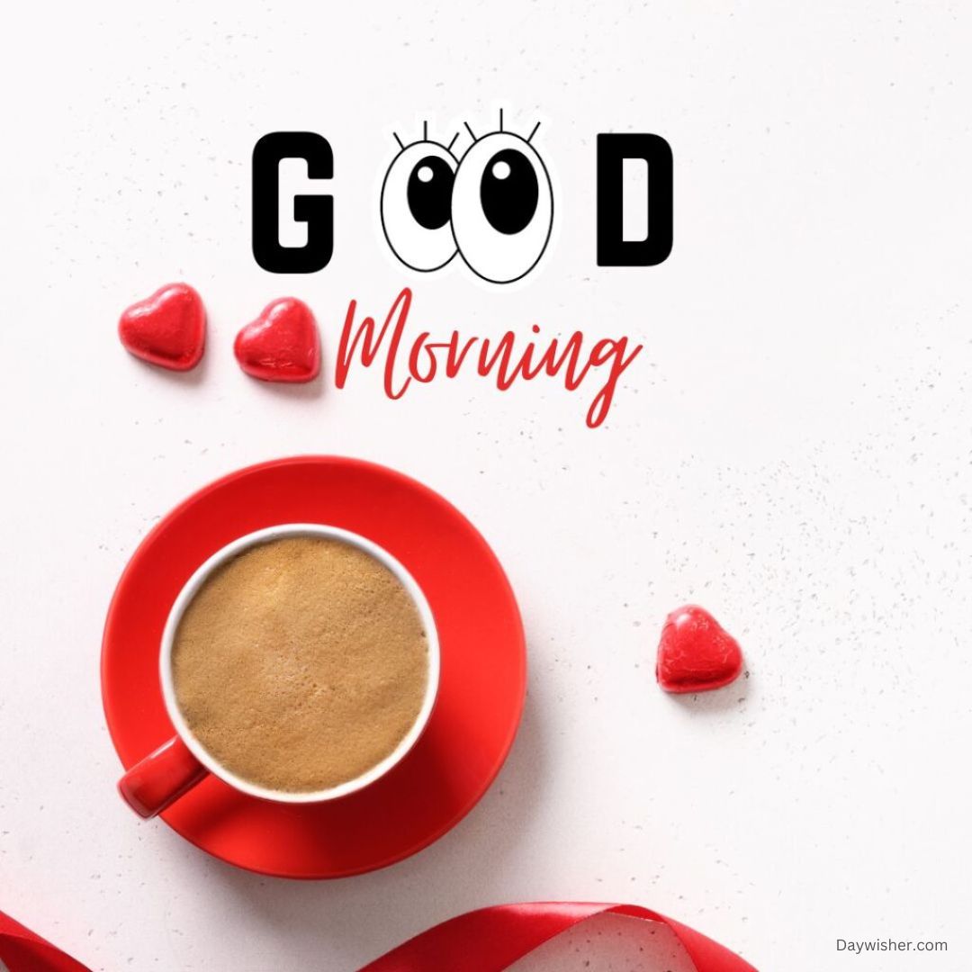 Top view of a bright red coffee cup on a white surface with 'Good Morning Love' text, a pair of cartoon eyes, and three heart-shaped candies around it.