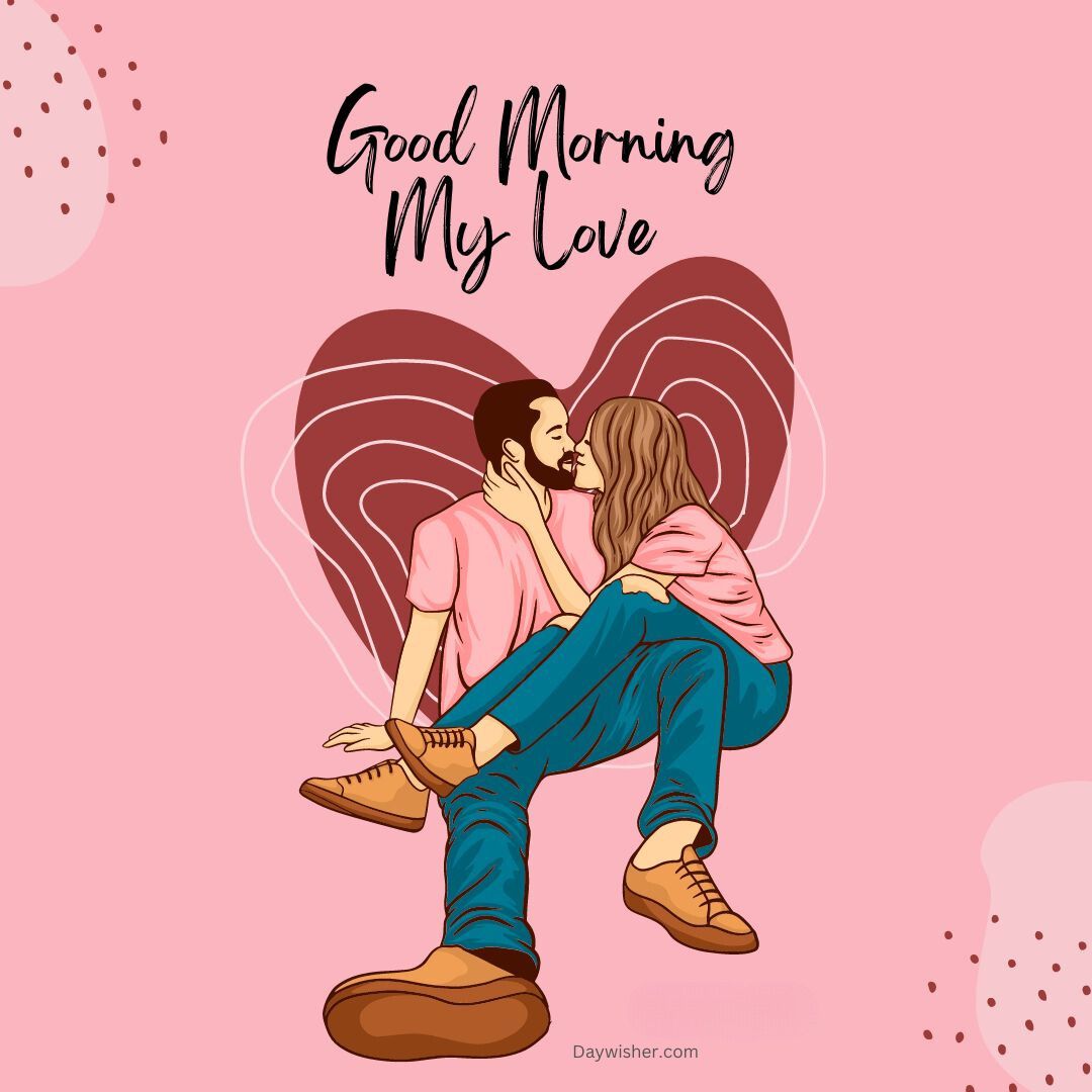 An illustration of a couple sitting and embracing, with the man kissing the woman on the forehead. A pink heart background and text reads "today special good morning.