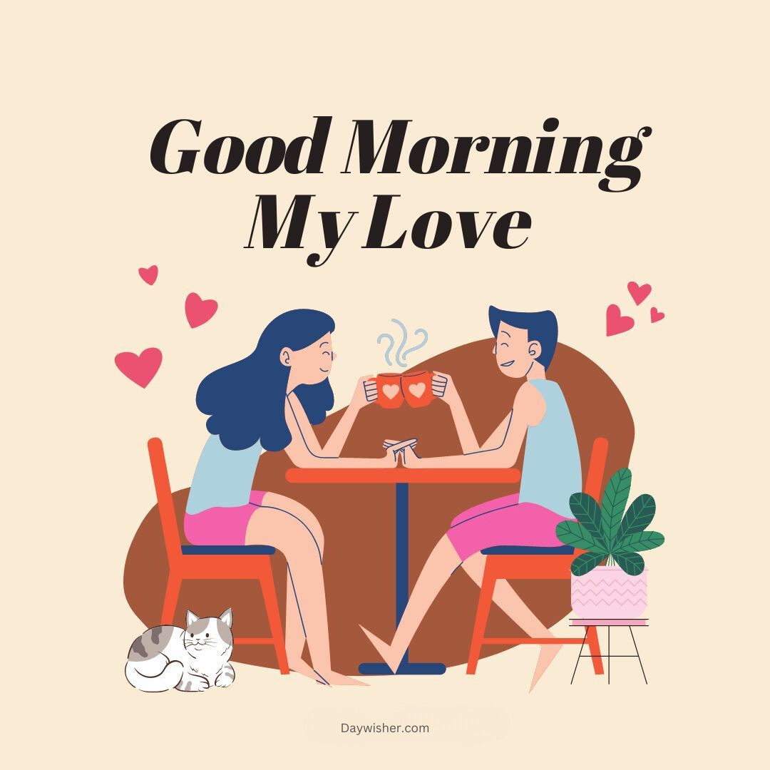 A digital illustration showing a couple holding hands over a cafe table with heart-shaped coffee mugs, accompanied by a small cat, with "Good Morning Images" text above them.