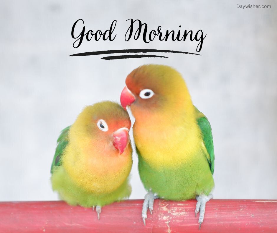 Two colorful lovebirds, one green and yellow and the other orange and green, perched close together on a red surface against a light grey background with the text "Good Morning Love" above them.