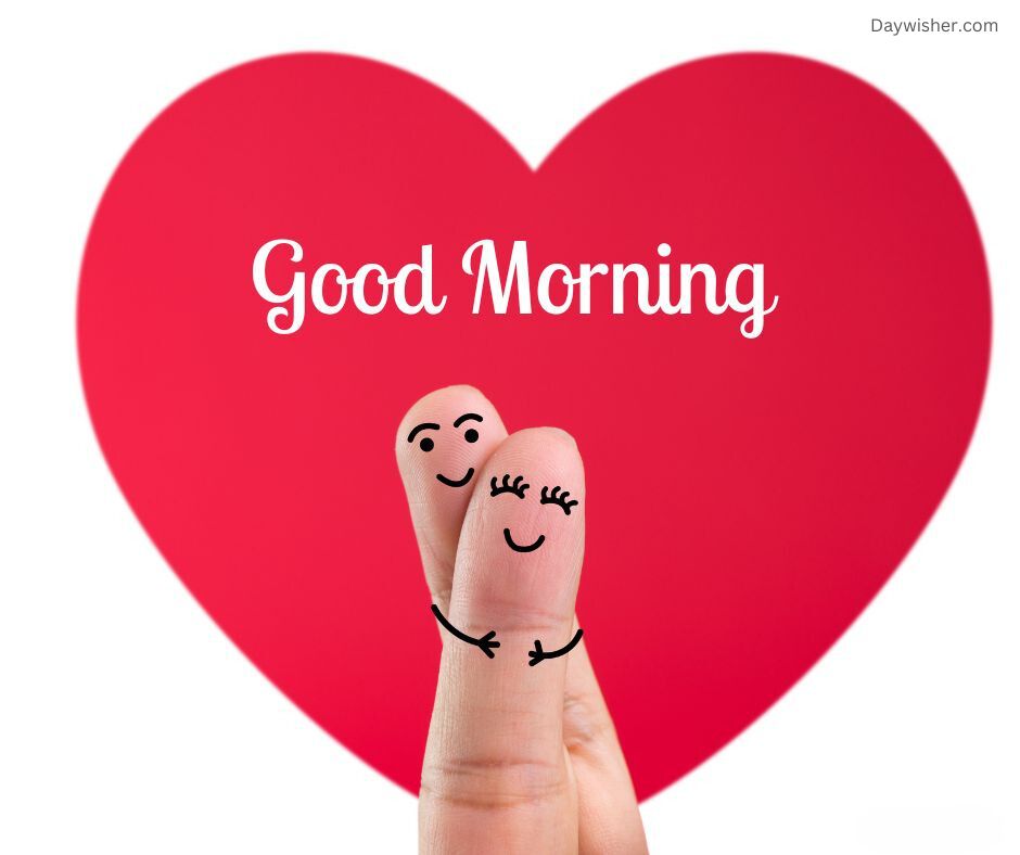Two fingers decorated with faces and linking arms, with a large red heart and "Good Morning Love" text in the background.