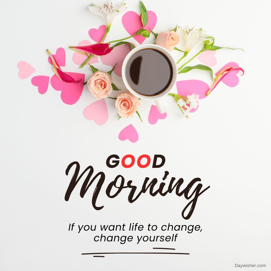 A top view of a 'special good morning' greeting that features a cup of coffee at the center surrounded by pink hearts and rose flowers on a white background. Below is the quote "if you want