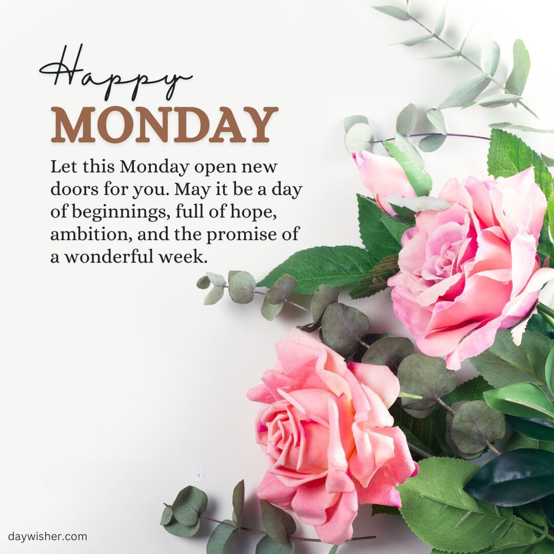 Image of a greeting card with the text "Monday Blessings" above a motivational message. It features lush pink roses and green leaves on the lower right corner against a soft white background.