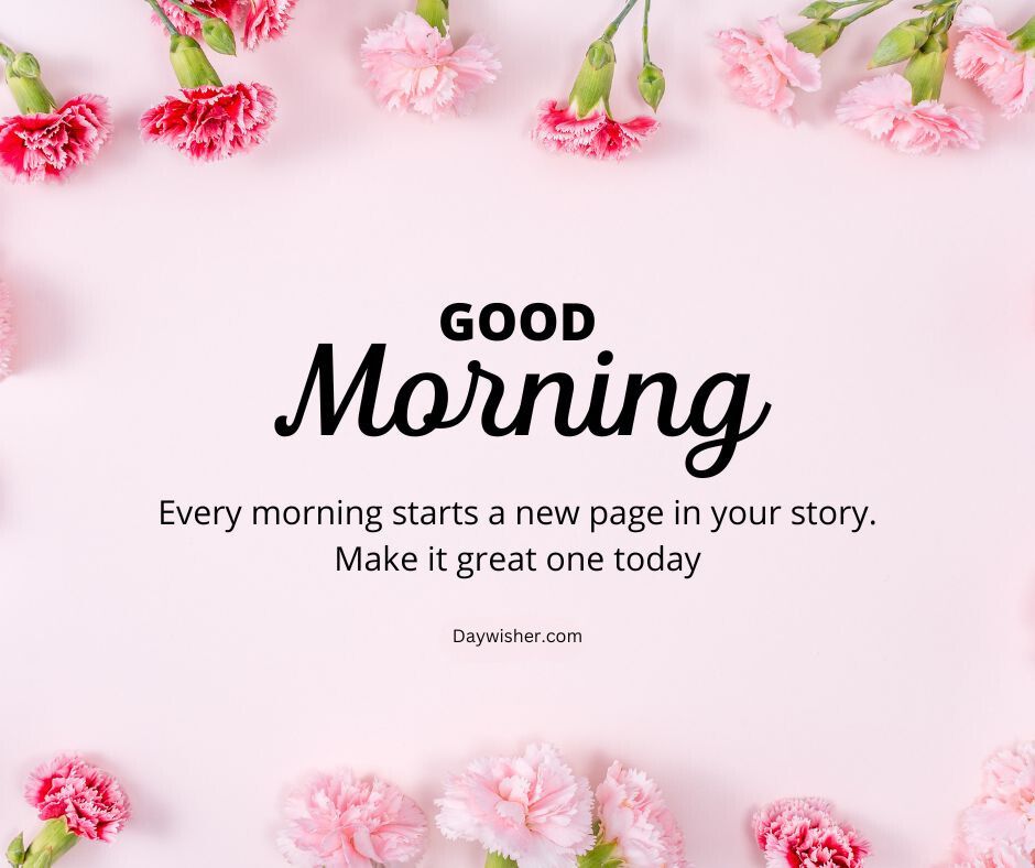 A graphic with the text "special good morning" and a motivational quote, surrounded by pink carnations on a light pink background.