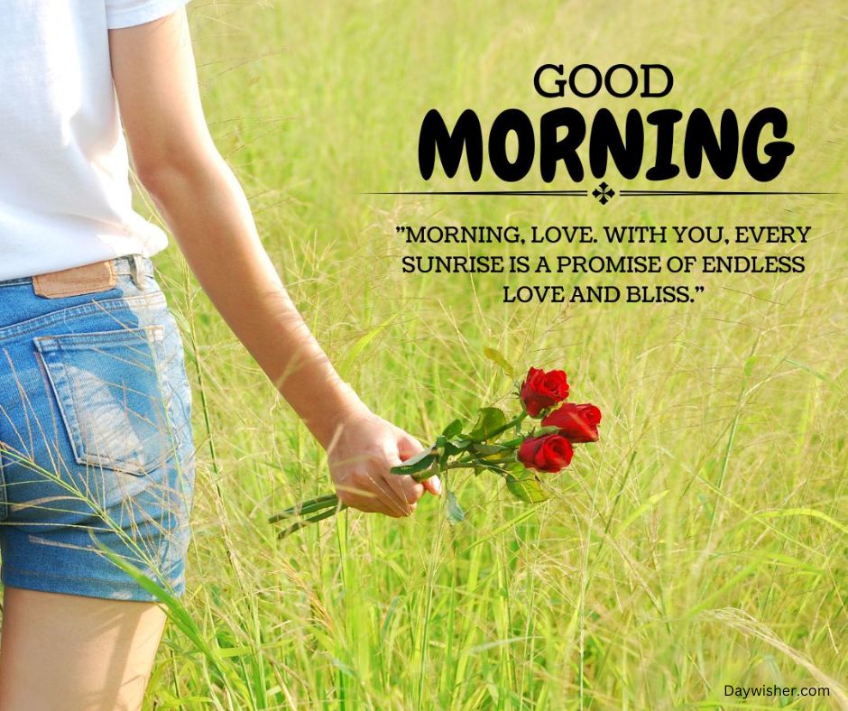 A person holding a bouquet of red roses, walking through tall grass with text overlay saying "Good Morning Love" and a quote about love and bliss.