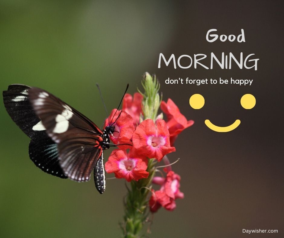 A black and white butterfly sits on vibrant red flowers with the text "today special good morning, don't forget to be happy" and a smiley face above the flowers.