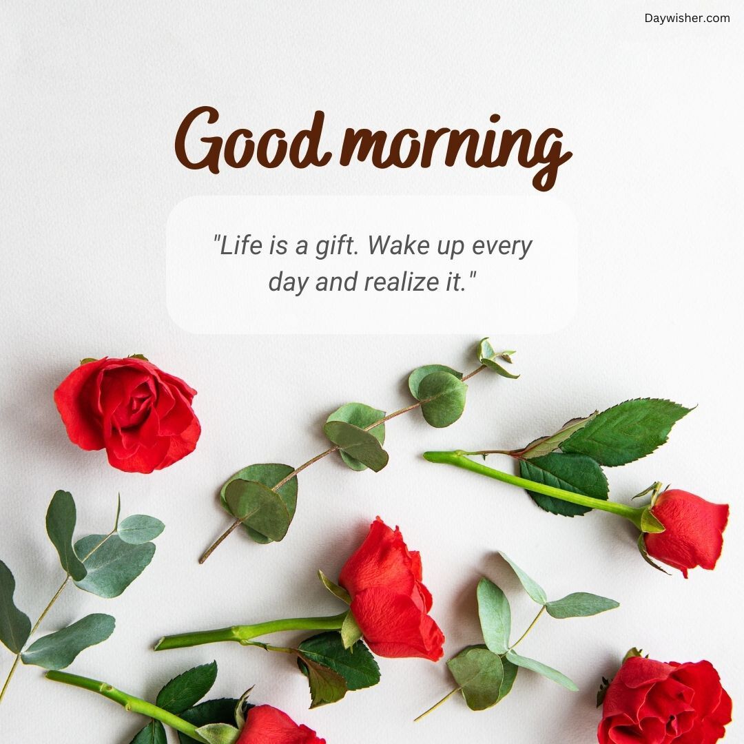 A white background with text "special good morning" and a quote, surrounded by scattered red roses and green leaves.