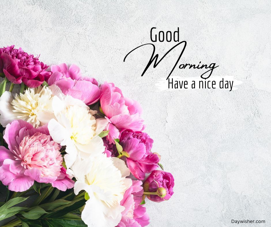 A bright, elegant greeting image featuring a cluster of vibrant pink and light red peonies in the bottom left corner, with "special good morning have a nice day" text styled in black script on