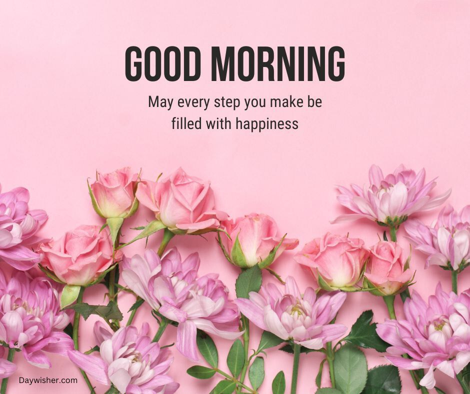 A motivational greeting image with text "good morning. may every step you make be filled with happiness" on a pink background, surrounded by pink roses and other pink flowers, perfect for that special person.