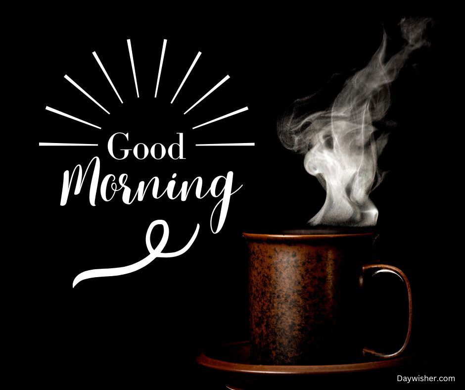 A rustic cup of hot coffee with steam rising from it against a black background, featuring the text "special good morning" in a decorative white font with a sunburst graphic above.