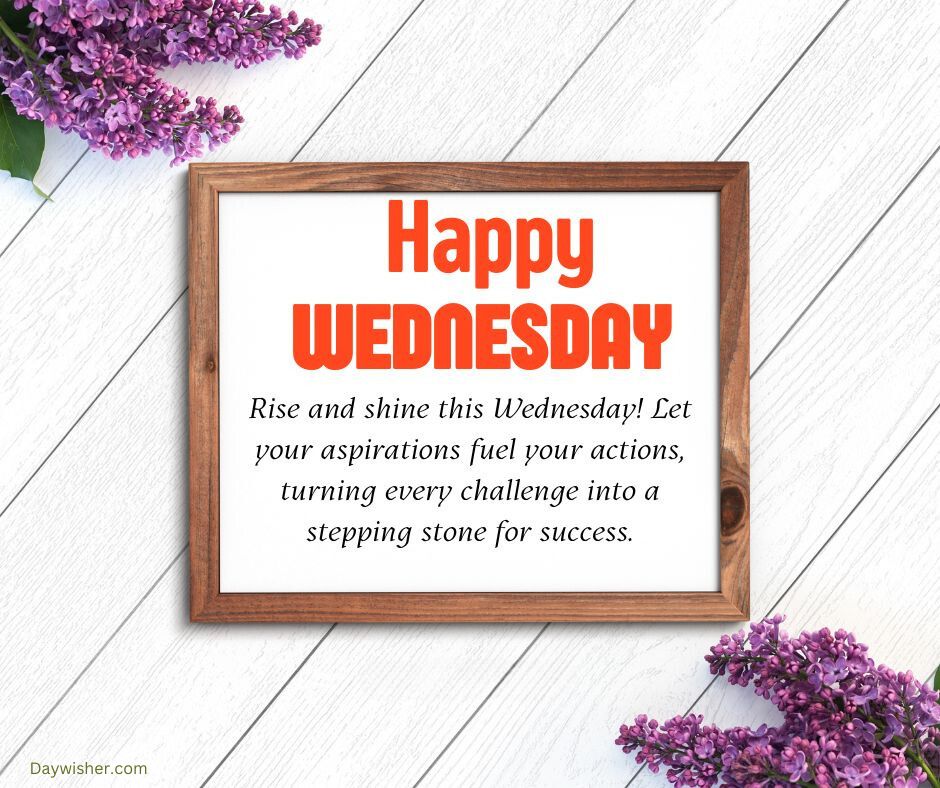 A framed sign saying "Happy Hump Day" along with an inspirational quote, placed on a wooden surface beside purple lilac flowers.