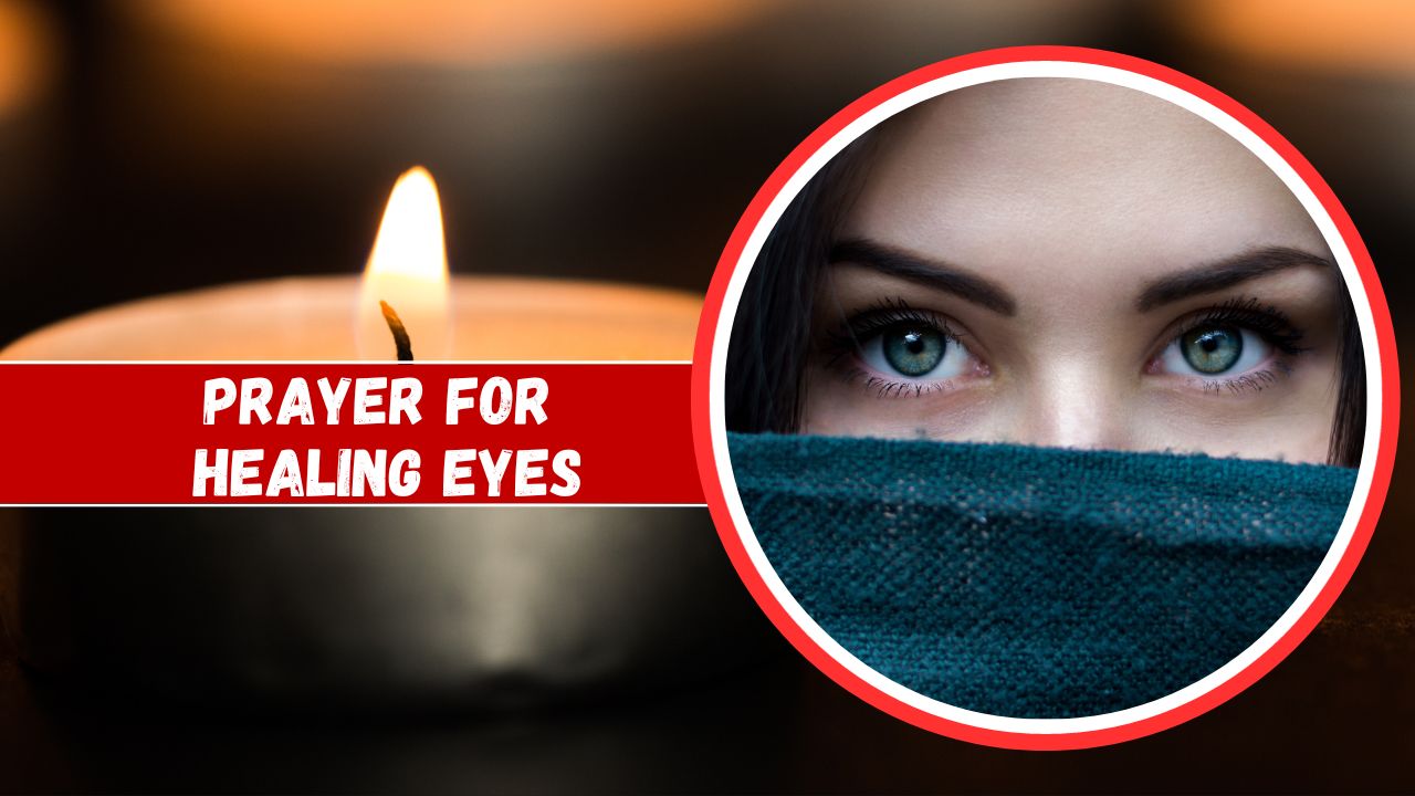 The description remains the same as it already includes the keyword "prayer for healing eyes":

A close-up image featuring a lit candle on the left and a woman's eyes peeking over a mask on