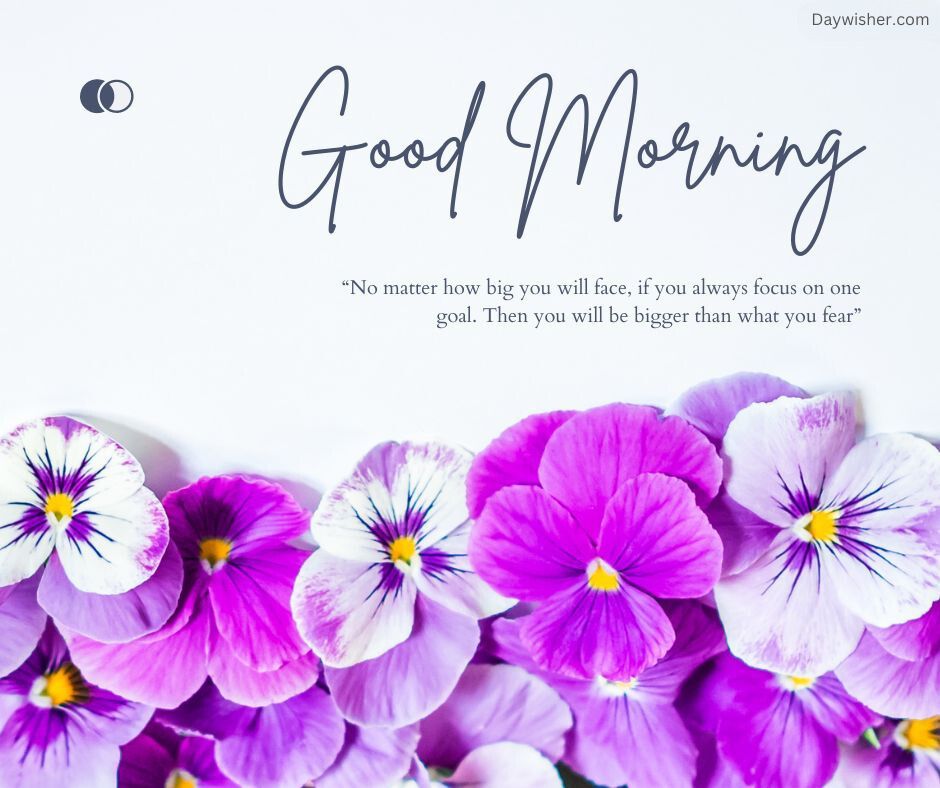 A special greeting card saying "good morning" with a motivational quote, surrounded by colorful purple and white pansy flowers on a white background.