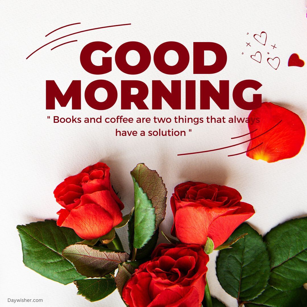 A vibrant graphic with the text "today special good morning" and a quote saying "books and coffee are two things that always have a solution," decorated with illustrations of red roses, hearts, and artistic