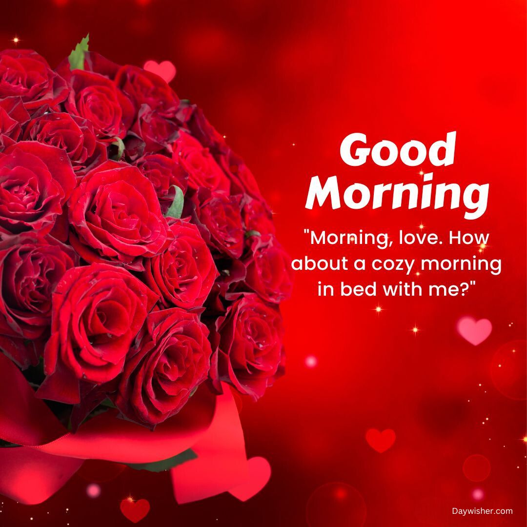 A vibrant Good Morning Love image featuring a bouquet of red roses on a red background with the text "good morning" and a quote saying "morning, love. how about a cozy morning in bed