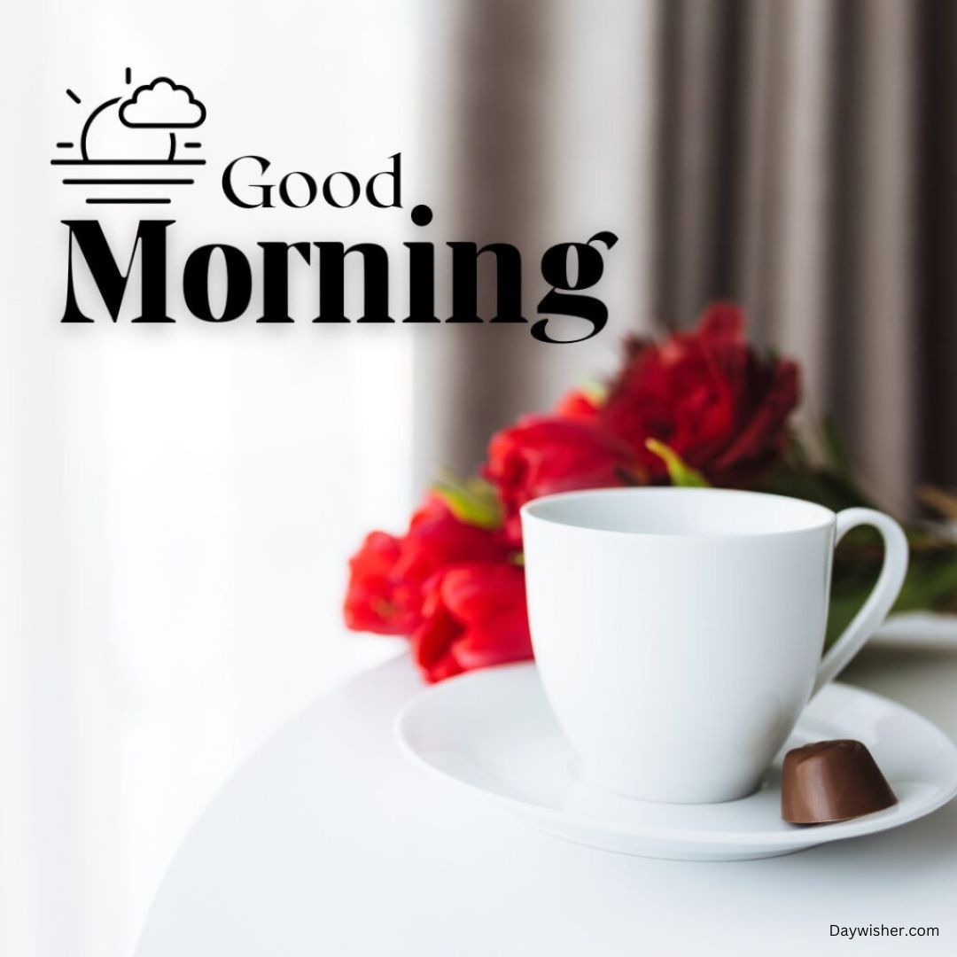 A white cup of coffee with a chocolate on the saucer, accompanied by red flowers, placed on a table with "Good Morning Love" text above. Light curtains in the background.