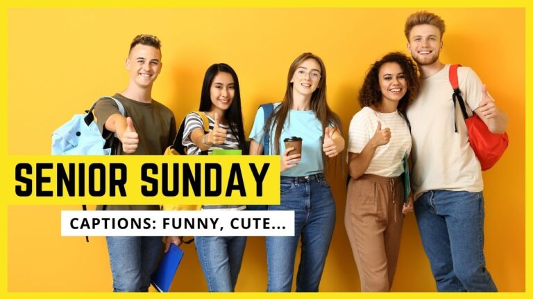 Five cheerful students with backpacks standing against a yellow background, giving thumbs up with "senior sunday captions" above them.