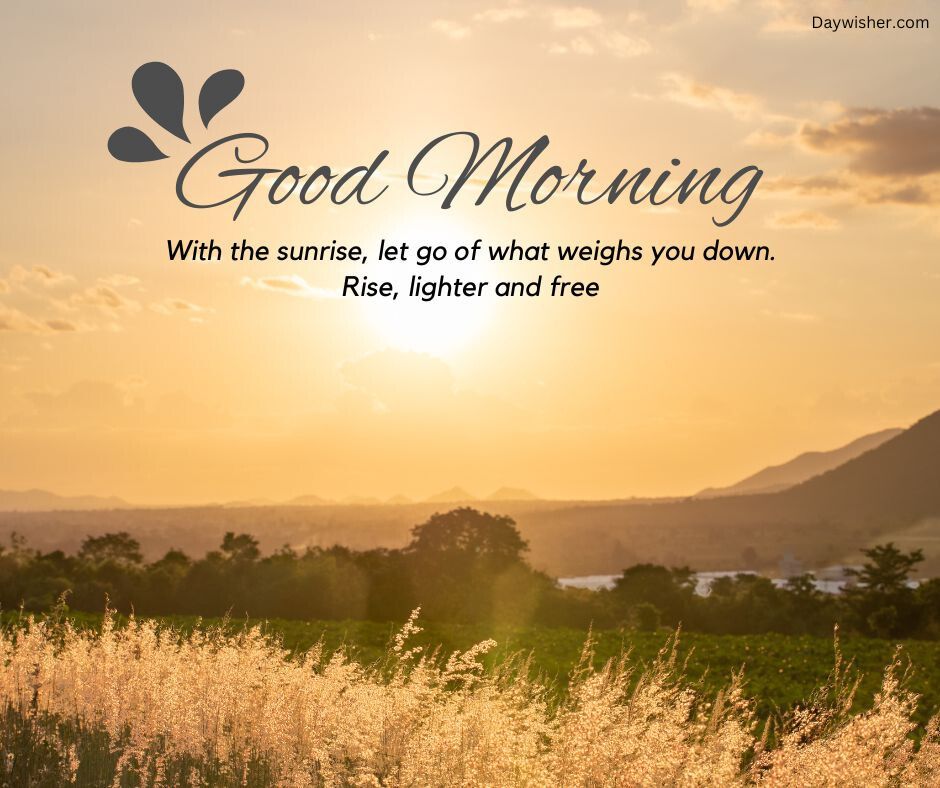 A scenic sunrise over a field with tall grass in the foreground and mountains in the background, featuring a motivational quote for a special person: "Good morning. With the sunrise, let go of what weighs