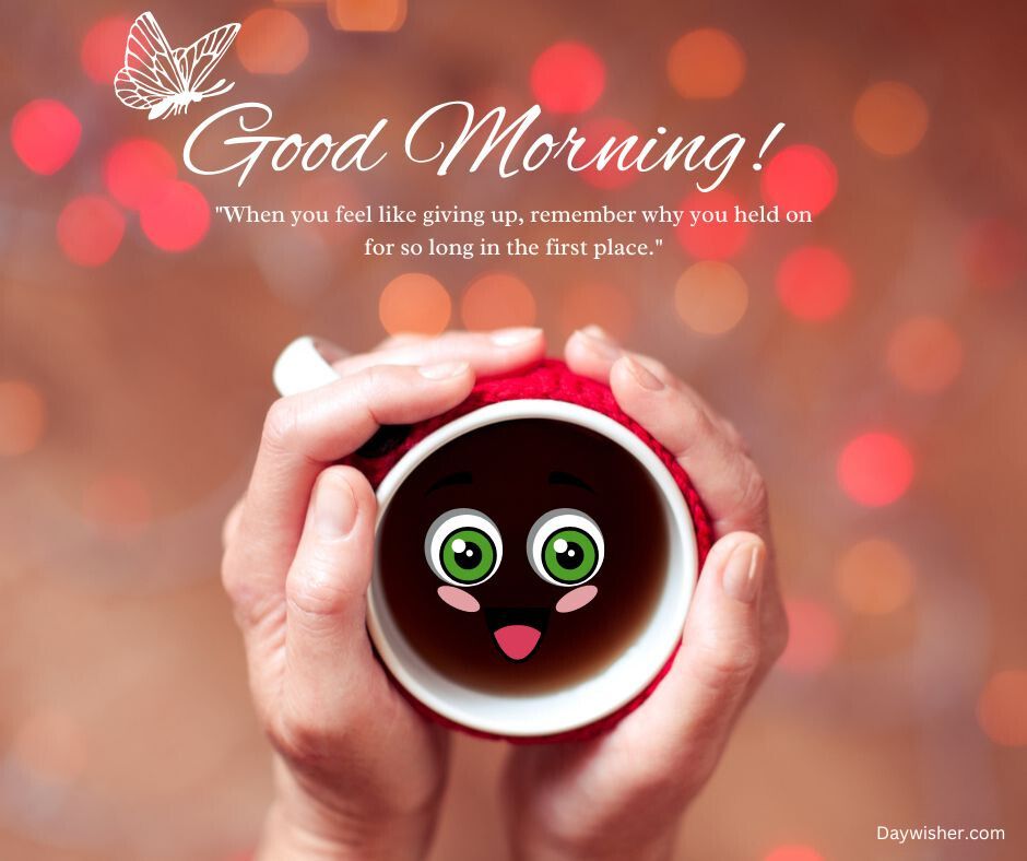 Hands holding a red mug with a cute cartoon face on the coffee surface; background of warm, blurred lights. Text overlay reads "Today special good morning!" with an inspirational quote.