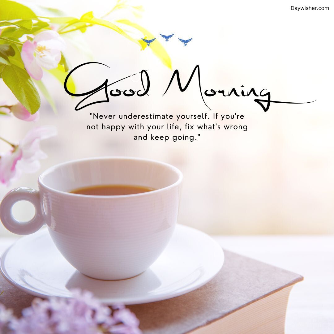 The image features a serene morning setting with a cup of coffee next to a window, sunlight streaming through, and flowers in the background. The overlay text says "Thought for today," accompanying an inspirational quote