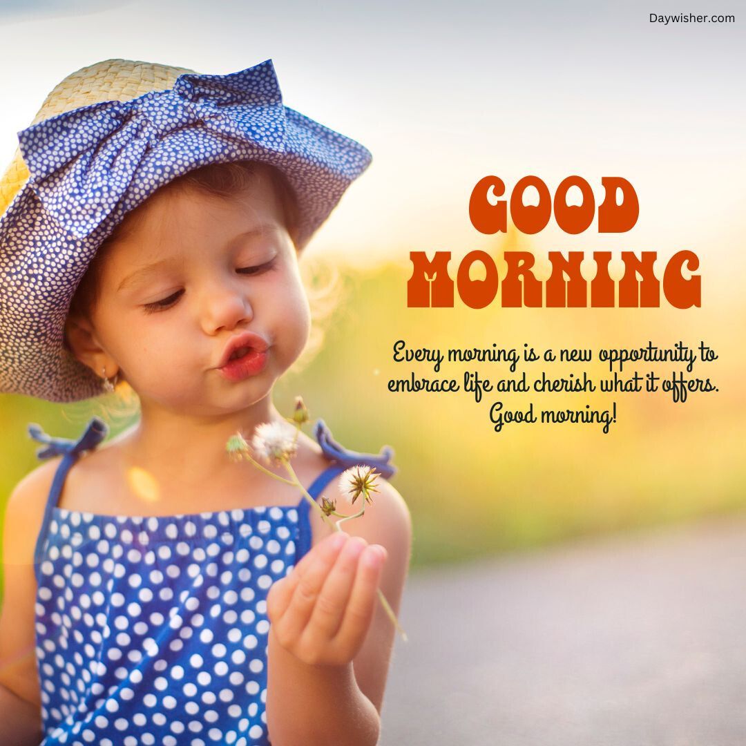 A young girl in a blue polka dot dress and a straw hat blows on a dandelion. The image, featuring a warm, sunny backdrop and "good morning" text encouraging positivity, is