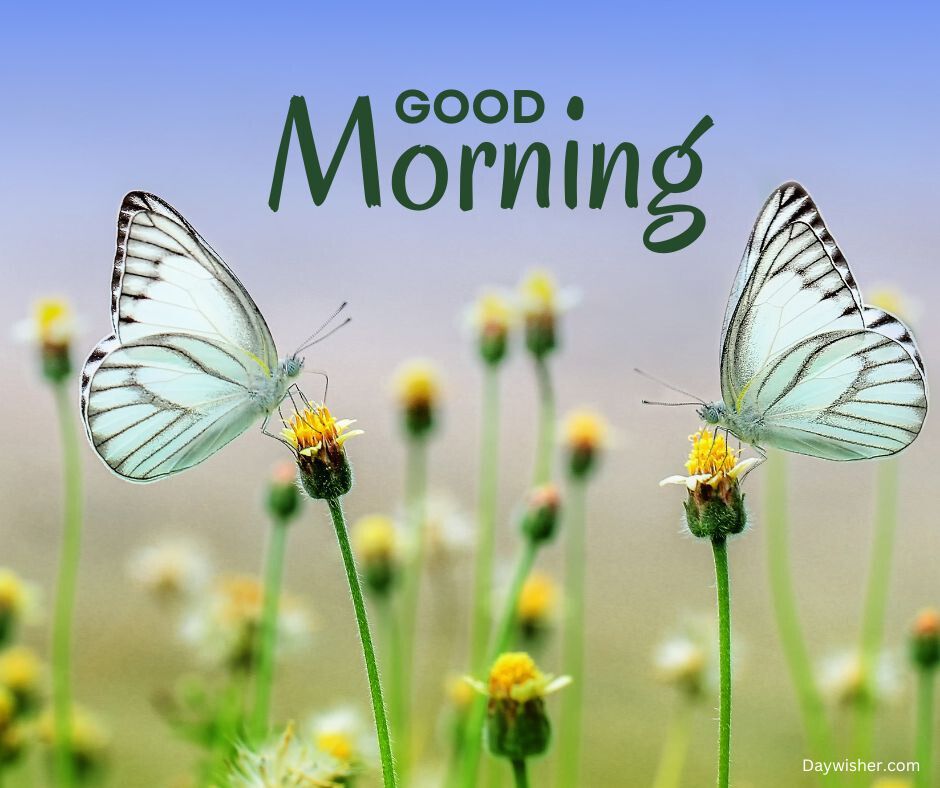 Image showing two translucent white butterflies resting on yellow flowers against a sky-blue backdrop, with the words "special good morning" in green at the top.