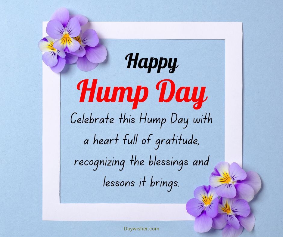 A festive "happy hump day" card with a message about Wednesday blessings, surrounded by purple and yellow flowers on a light blue background.