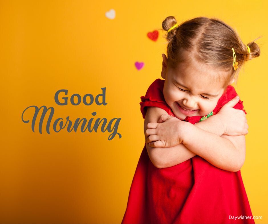 A cheerful young girl with blond hair styled in pigtails, wearing a red dress, hugs herself and smiles against a bright yellow background. Above her, the phrase "today special good morning