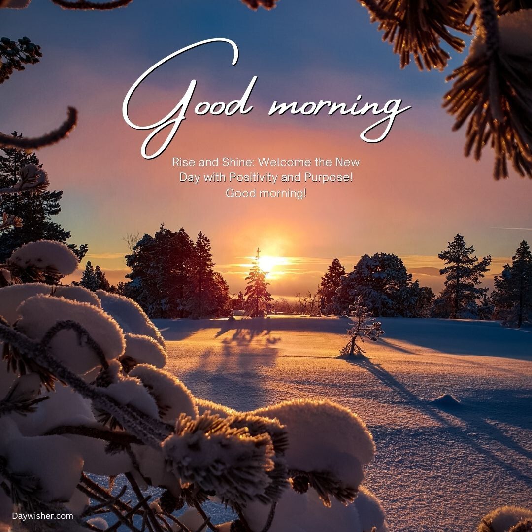 A serene winter scene featuring a sunrise over a snow-covered landscape, framed by pine branches, with a motivational "special good morning" message encouraging positivity and purpose.