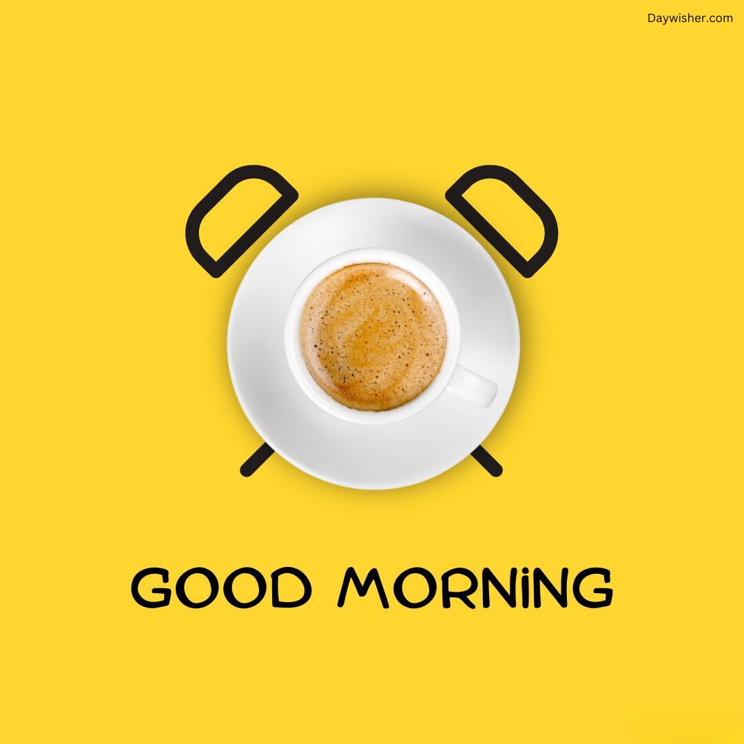 A white coffee cup on a yellow background, the cup and saucer are aligned to resemble an alarm clock with the phrase "special good morning" below it.