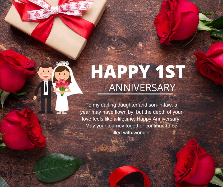 A festive 1st anniversary wishes greeting image featuring a "happy 1st anniversary" message, surrounded by red roses, a gift wrapped in brown paper and a red ribbon, and cartoon illustrations of