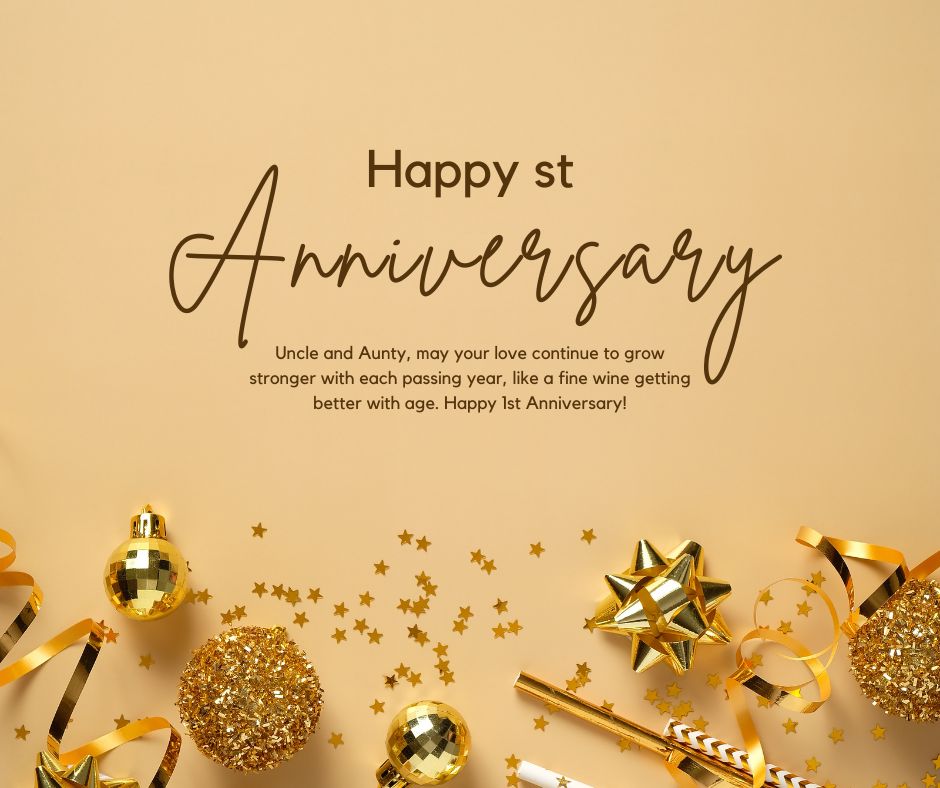 Elegant 1st anniversary greeting card with the text "happy anniversary" on a golden background, adorned with sparkling decorations like ribbons, stars, and baubles. A special message for an
