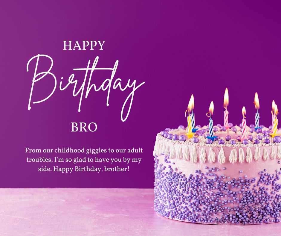 A purple-themed birthday card with "birthday wishes for brother" next to a decorated cake with lit candles on a purple background. The text shares a heartfelt message for a brother.