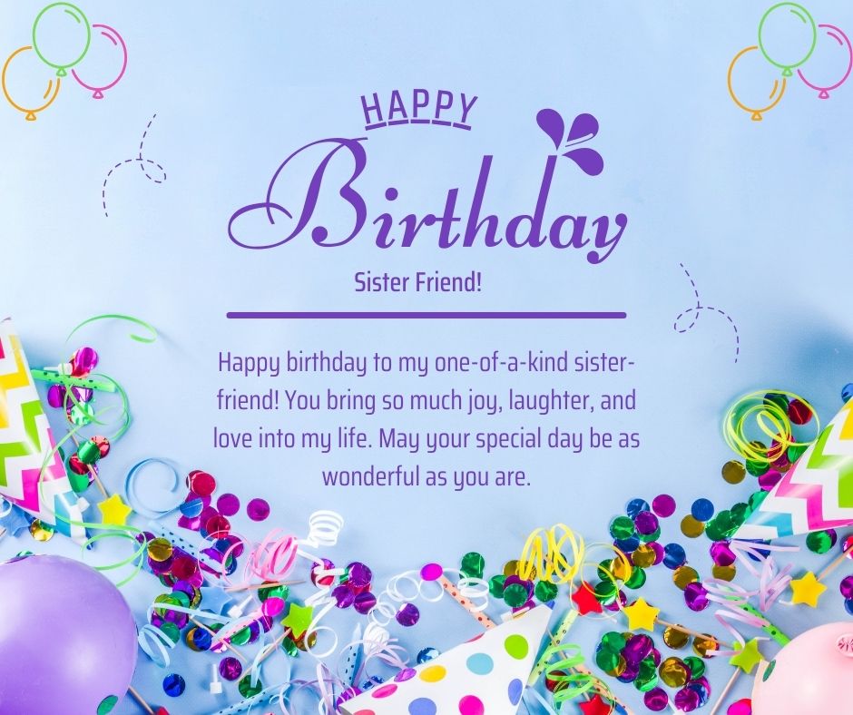 A colorful birthday card with the text "happy birthday wishes for sister!" surrounded by balloons, confetti, and party decorations in vibrant colors.