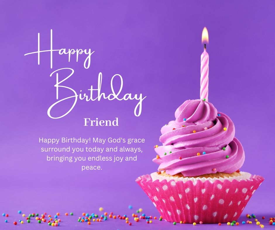 A single pink-frosted cupcake with a lit candle and colorful sprinkles, set against a purple background, with text saying "happy birthday friend" and heart touching birthday wishes.