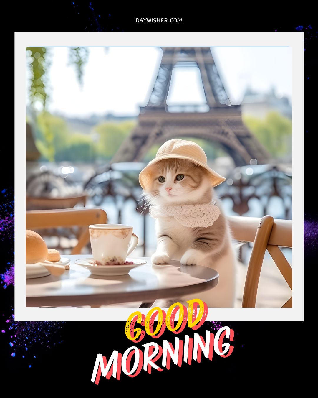 A "Good Morning Cat" wearing a cozy white scarf sits at a cafe table, with a coffee cup and croissant, overlooking the Eiffel Tower. The image includes a "good morning" greeting.