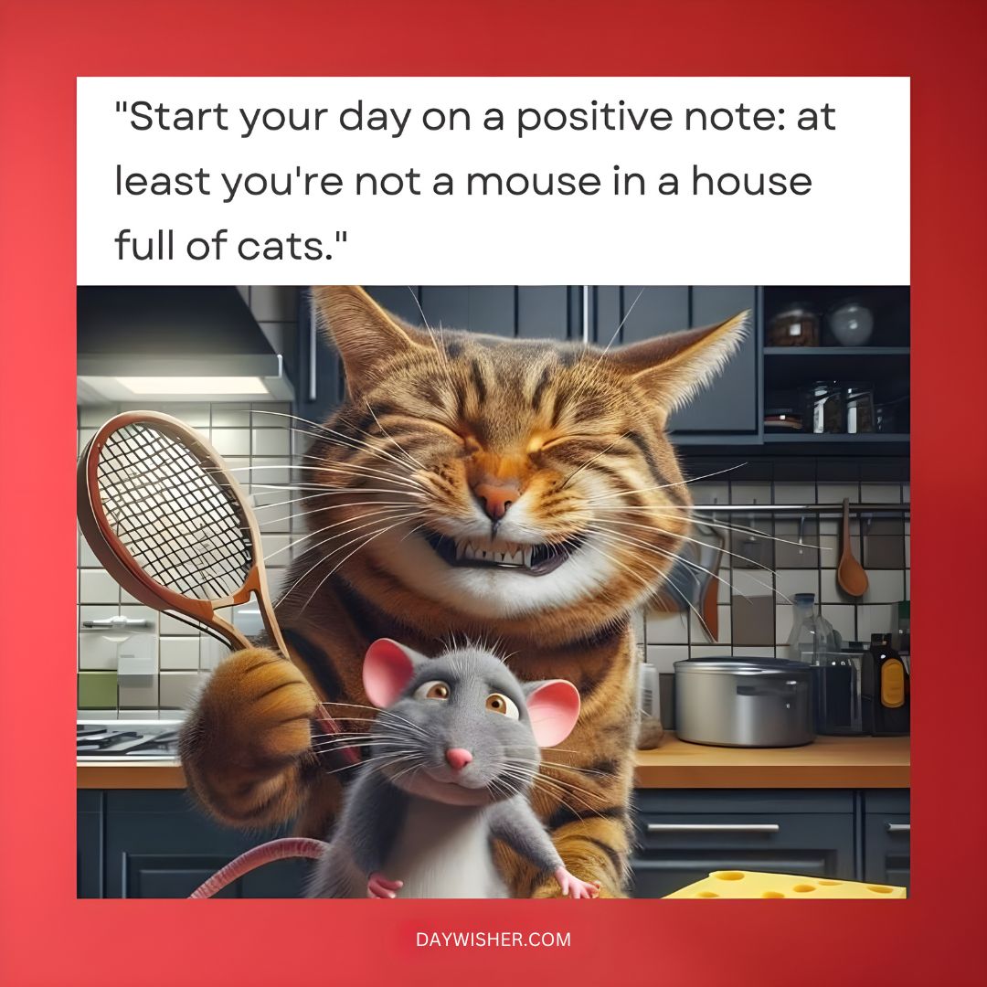A whimsical "Good Morning" image of a large orange cat smiling while holding a tennis racket, standing next to a small grey mouse. Both are in a kitchen, and text advises to start the