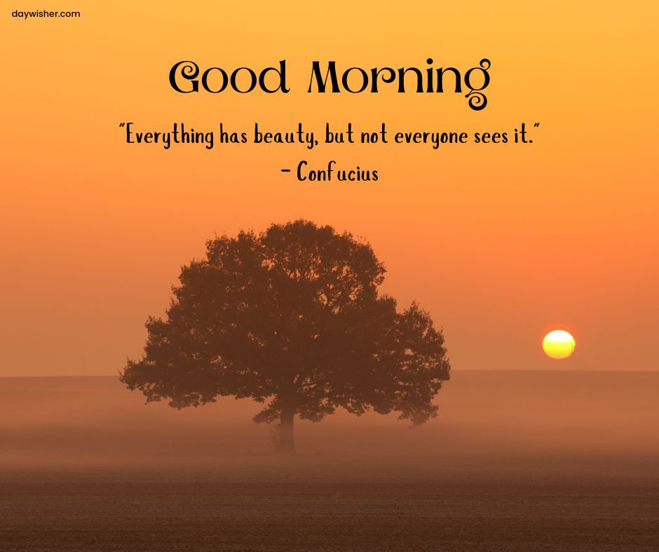 A serene image depicting a sunrise with a lone tree silhouetted against a golden sky, accompanied by the quote "everything has beauty, but not everyone sees it." – Confucius, and