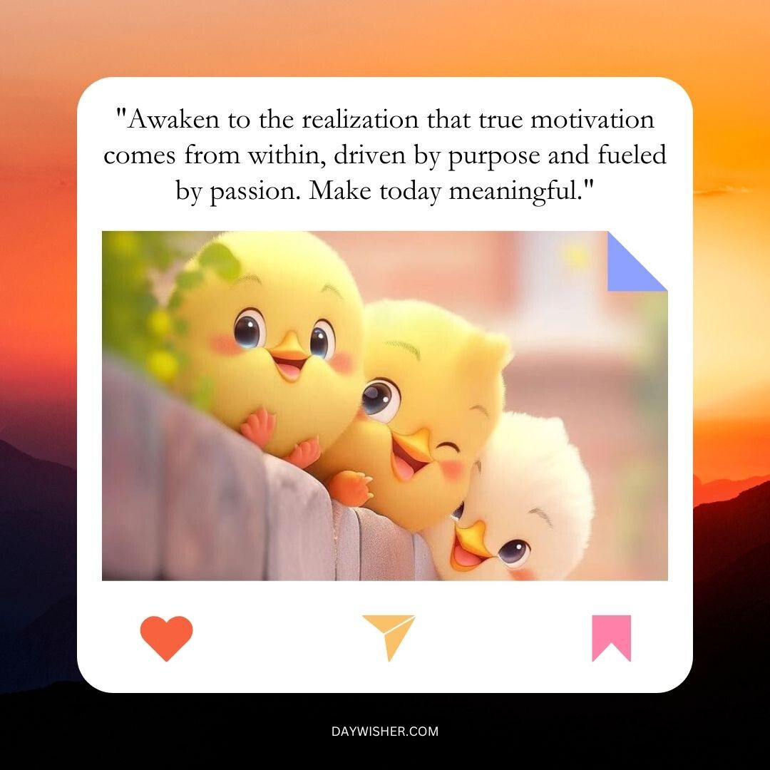Three cheerful cartoon chicks leaning against each other with smiling faces, in front of a soft-focus background, paired with a "Good Morning" inspirational quote about motivation and passion.