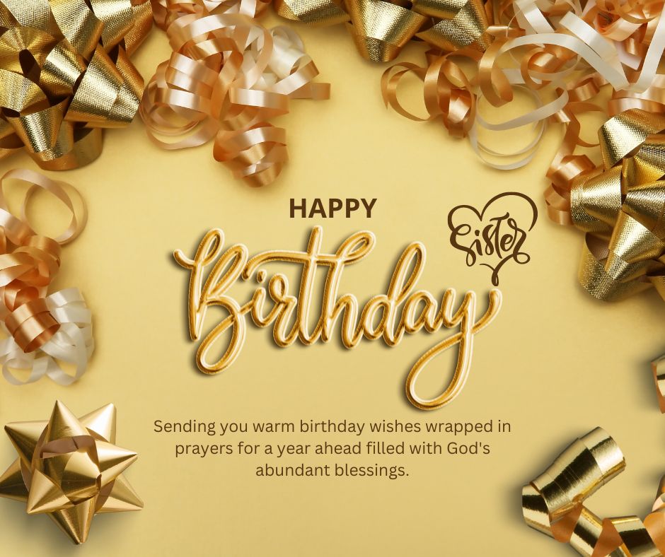 Golden birthday greeting card with "happy birthday wishes for sister" text in 3d cursive, surrounded by gold and silver ribbons and bow decorations, on a light golden background.