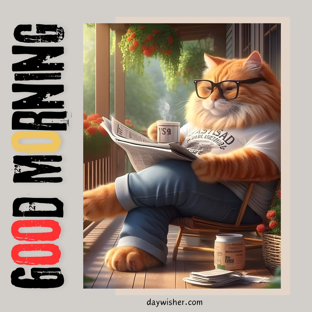 A digital artwork of an anthropomorphic orange cat wearing glasses, comfortably seated while reading a newspaper and sipping coffee in a cozy, sunlit room with lush greenery outside. The image perfectly captures the essence of "Good Morning Cat.