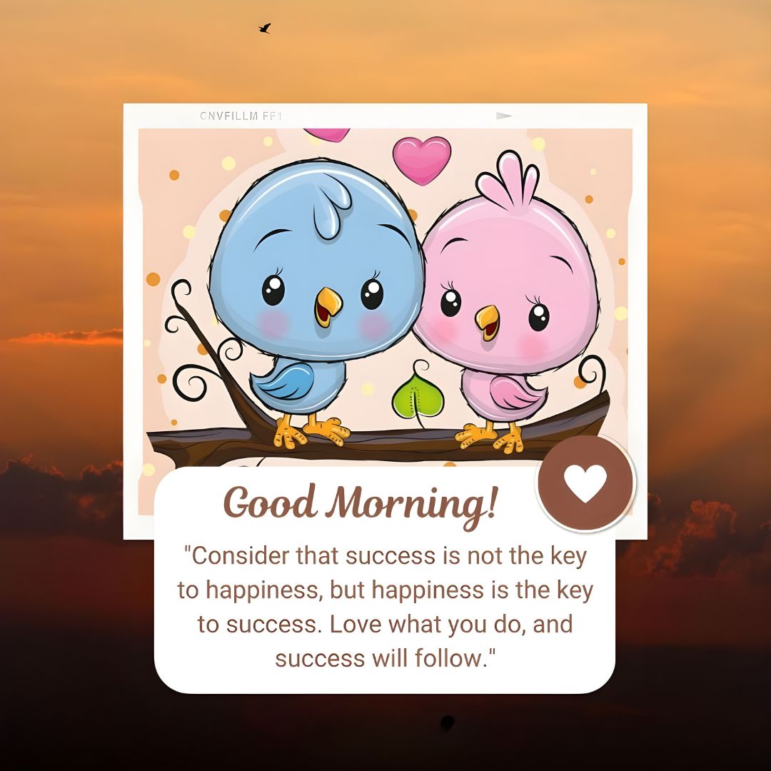 Illustration of two cute cartoon birds, one blue and one pink, perched on a branch against a sunrise sky, with a motivational "Good Morning" quote about happiness and success.