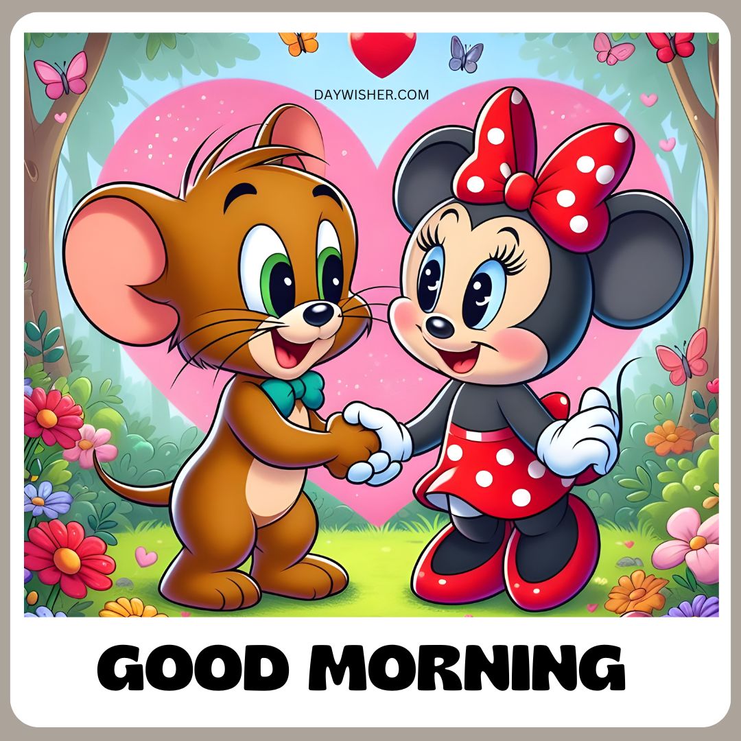 Illustration of a cartoon mouse dressed like Minnie Mouse holding hands with a cartoon cat resembling Jerry, against a backdrop of a pink heart and a lush green forest. Text reads "Good morning.
