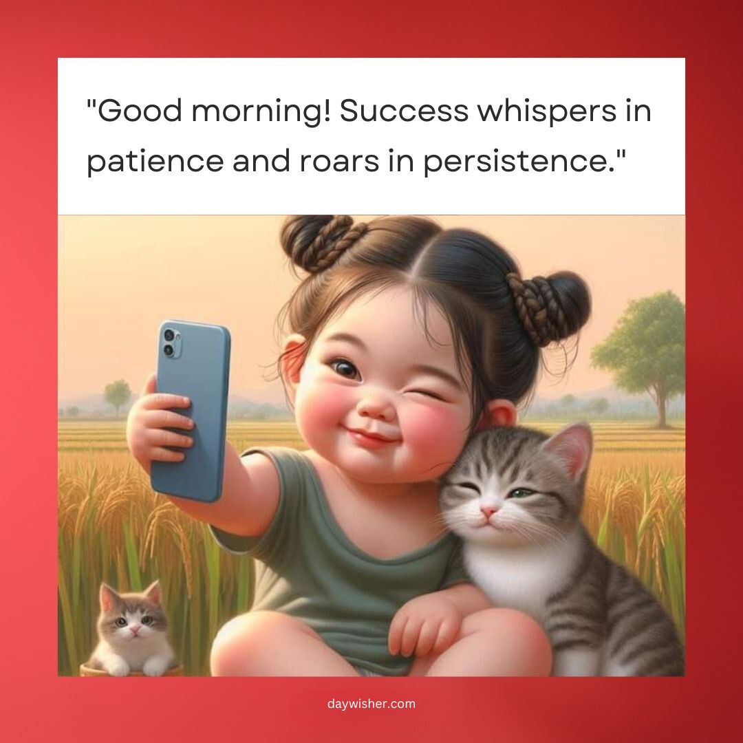 A joyful cartoon image featuring a toddler with double buns taking a selfie with a smiling cat beside her and another in the background, with the quote "Good morning! Success whispers in patience and roars