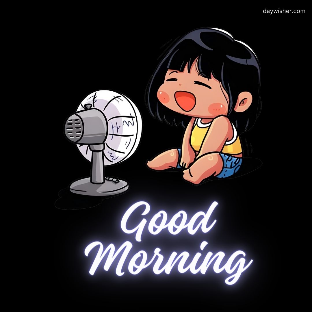 A joyful cartoon girl laughing and sitting next to a microphone with the text "good morning" displayed, set against a dark background.